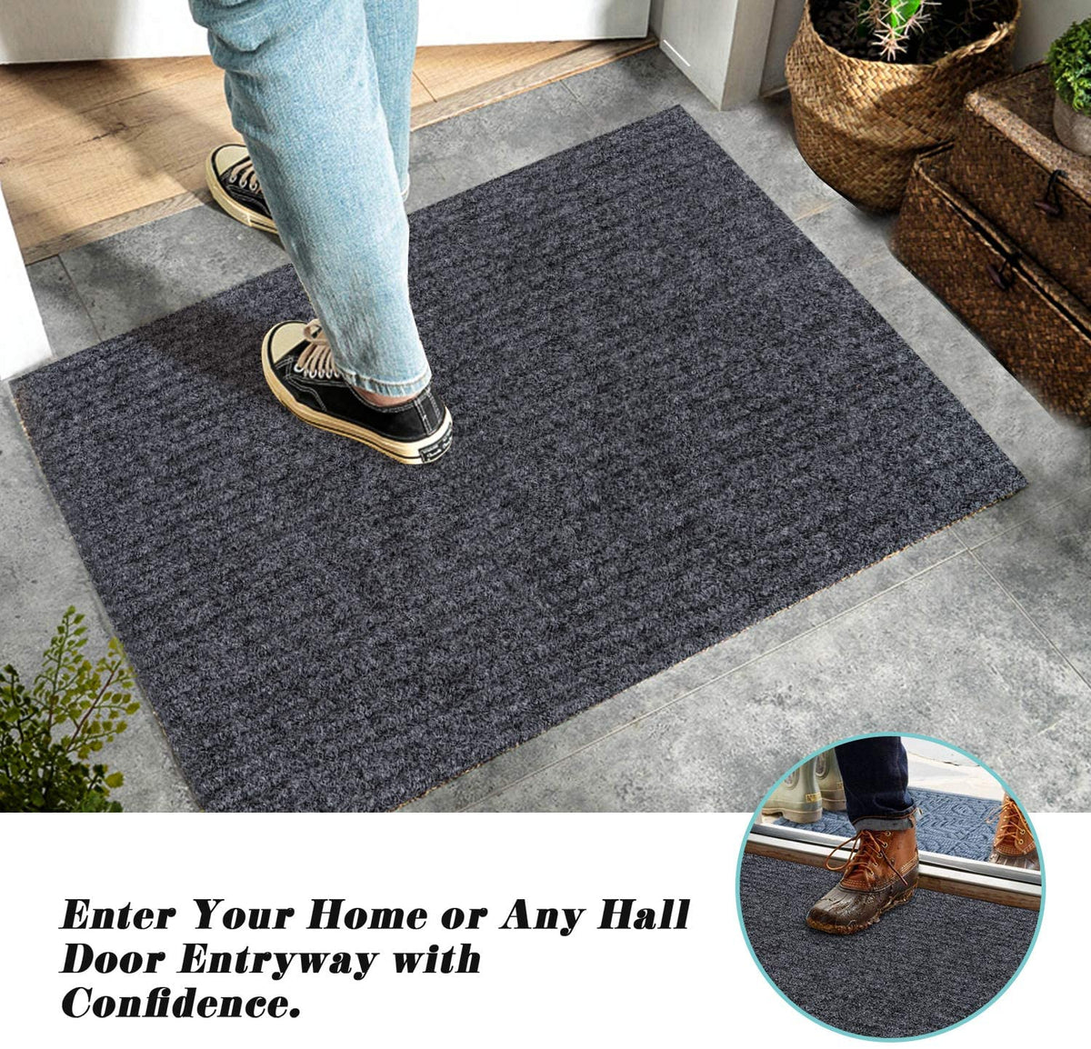Set of 2 Ribbed Indoor/Outdoor Door Mat (17 x 30)-Great for Mud-Rooms,  High Traffic Areas, Garages, Doorways, and Everyday Home Use - Gray Black