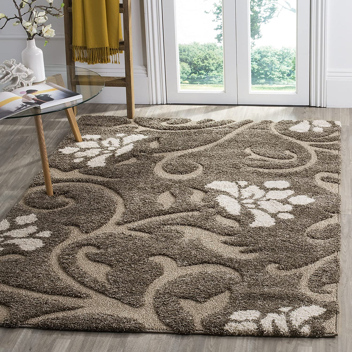 Smoke and Beige Floral Shag Area Rug Ashley Area Rugs