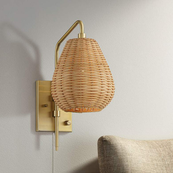 Willa Warm Gold Swing Arm Plug-In Wall Light with Wicker Shade