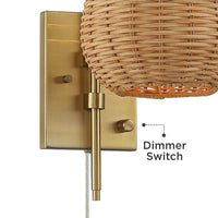 Willa Warm Gold Swing Arm Plug-In Wall Light with Wicker Shade