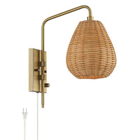 Willa Warm Gold Swing Arm Plug-In Wall Light with Wicker Shade