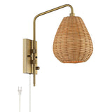 Willa Warm Gold Swing Arm Plug-In Wall Light with Wicker Shade