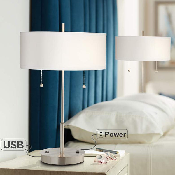 Set of 2 Nikola Silver Finish Utility Plug - USB Table Lamps