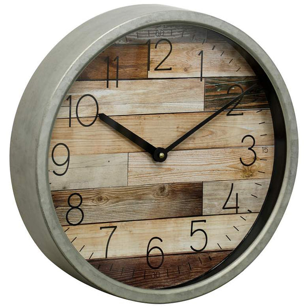 Round Framed Faux Plank Wood Wall Clock with Glass Front - Semi-Gloss Gray