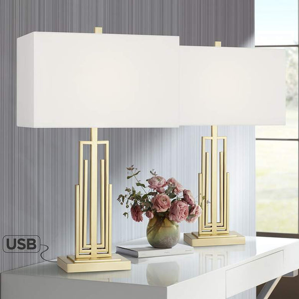 Sonia Gold Metal Table Lamps Set of 2 with USB Ports