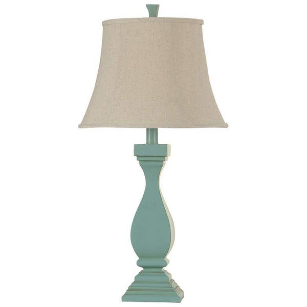 Poly Table Lamp - Ocean Mist Blue Finish - Oatmeal Softback Fabric Shade