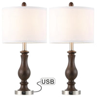 22.8 in. Mahogany and Brushed Nickel Table Lamp with USB Port and White Linen Shade (Set of 2) - 22.8"H