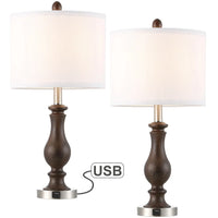 22.8 in. Mahogany and Brushed Nickel Table Lamp with USB Port and White Linen Shade (Set of 2) - 22.8"H