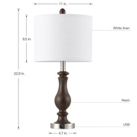 22.8 in. Mahogany and Brushed Nickel Table Lamp with USB Port and White Linen Shade (Set of 2) - 22.8"H