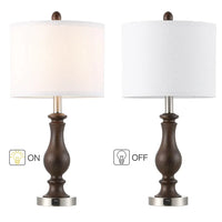 22.8 in. Mahogany and Brushed Nickel Table Lamp with USB Port and White Linen Shade (Set of 2) - 22.8"H