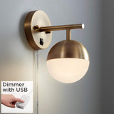 Luna Antique Brass Modern Globe Plug-In Wall Lamp with USB Dimmer