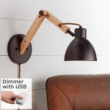 Euless Bronze and Wood Industrial Plug-In Wall Lamp with USB Dimmer