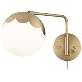 Kelowna Brass and Glass Swing Arm Plug-In Wall Lamp with USB-Outlet Shelf