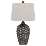 25 Inch Urn Base Table Lamp with 3D Trellis Pattern, Silver