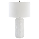 27 Inch Ceramic Table Lamp, Wavy Texture, Silver, White