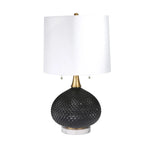 27 Inch Glass Table Lamp with Round Base and Carved Diamond Pattern, Black