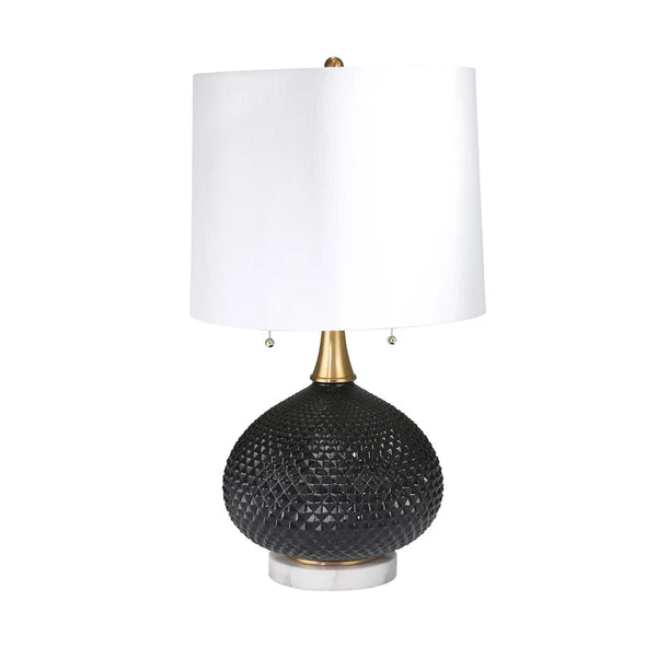 27 Inch Glass Table Lamp with Round Base and Carved Diamond Pattern, Black