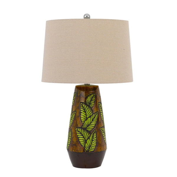 29 Inch Ceramic Table Lamp with Dimmer, Leaf Base, Brown