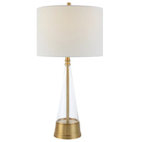 29 Inch Metal Table Lamp, Cone Shaped Glass Base, Antique Brass, White