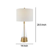 29 Inch Metal Table Lamp, Cone Shaped Glass Base, Antique Brass, White