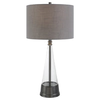 29 Inch Metal Table Lamp, Cone Shaped Glass Base, Silver, Gray
