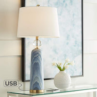 Modern Luxe Blue Faux Marble USB Table Lamp