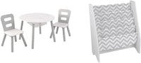 Wooden Round Table & 2 Chair Set with Center Mesh Storage, Kids Furniture, Gray & White ,Gift for Ages 3-6