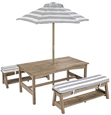 Outdoor Table and Bench Set with Cushions and Umbrella, Kids Backyard Furniture, Espresso with Oatmeal and White