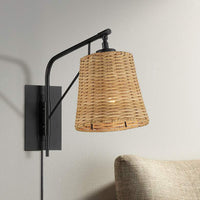 Matteo Black Finish Rattan Shade Plug-In Wall Lamp