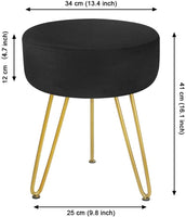 Velvet Footrest Stool Ottoman Round Modern Upholstered Vanity Footstool Side Table Seat Dressing Chair with Golden Metal Leg Black