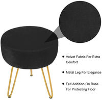 Velvet Footrest Stool Ottoman Round Modern Upholstered Vanity Footstool Side Table Seat Dressing Chair with Golden Metal Leg Black