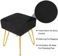 Velvet Footrest Stool Ottoman Round Modern Upholstered Vanity Footstool Side Table Seat Dressing Chair with Golden Metal Leg Black