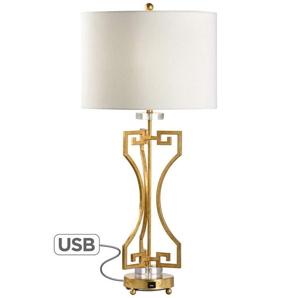 Greek Key Gold Metal Table Lamp w/ USB Port