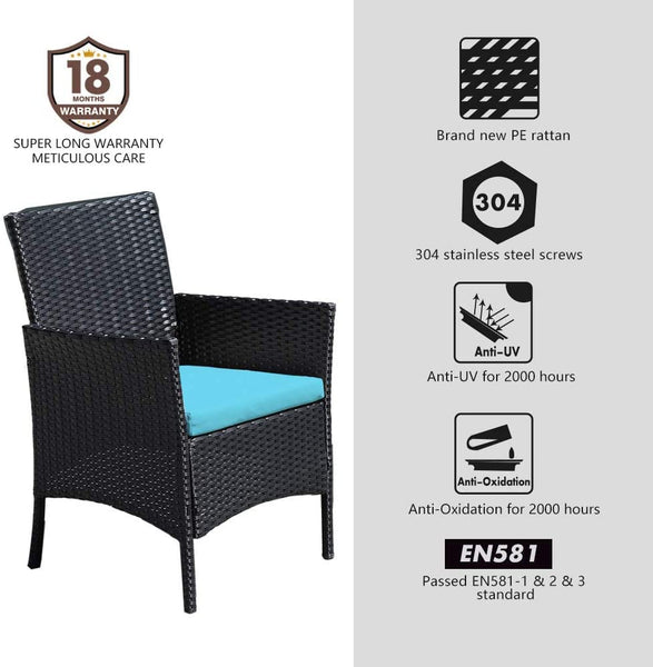 Rattan Patio Indoor/Outdoor Black/Blue Conversation Set - Chairs / Coffee Table