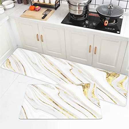 White Gold Yellow Marble Set of 2 Anti Fatigue Kitchen Rugs Mat