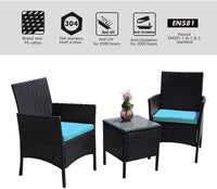 Rattan Patio Indoor/Outdoor Black/Blue Conversation Set - Chairs / Coffee Table