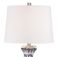 Iris Blue and White Traditional Table Lamp with Square White Marble Riser