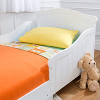 Wooden Toddler Bed with Wainscoting Detail and High Side Rails - White, Gift for Ages 15 mo+