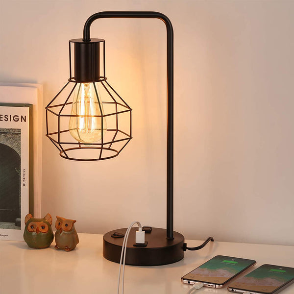 USB Modern Table Lamp with Outlet, Industrial Farmhouse