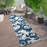 Ravenna Modern Large Floral Flowers Indoor/Outdoor Runner Rug Navy