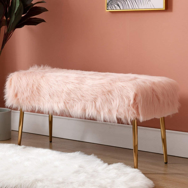 Faux Fur Modern Contemporary Fluffy Bench Gold Metal Legs