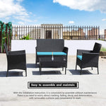 Rattan Patio Indoor/Outdoor Black/Blue Conversation Set - Chairs / Coffee Table