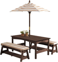 Outdoor Table and Bench Set with Cushions and Umbrella, Kids Backyard Furniture, Espresso with Oatmeal and White