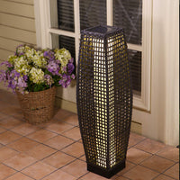 Grey Patio Outdoor Solar-Powered Woven Resin Wicker Lantern Floor Lamp
