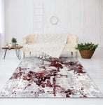 Modern Abstract Grey Ivory Red Soft Area Rug