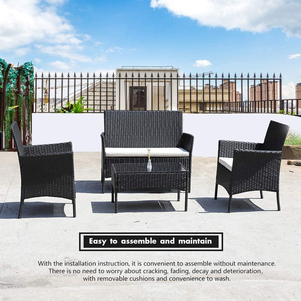 Rattan Patio Indoor/Outdoor Black/Beige Conversation Set - Chairs / Coffee Table