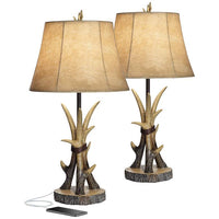 Western Rustic Antler USB Table Lamps Set of 2