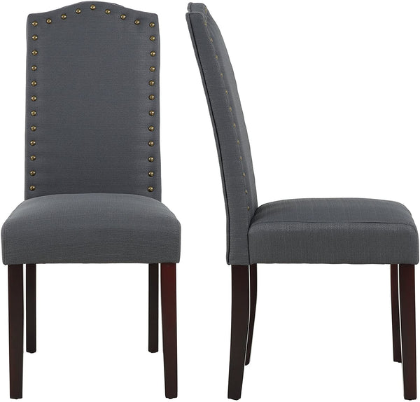 Set of 2 Luxurious Fabric Dining Chairs with Copper Nails and Solid Wood Legs (Light Gray)