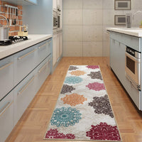 Modern Floral Non-Slip Low Profile Pile Rubber Backing Indoor Area Rugs White Multi