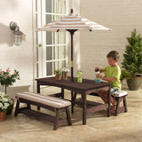 Outdoor Table and Bench Set with Cushions and Umbrella, Kids Backyard Furniture, Espresso with Oatmeal and White